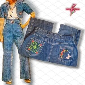 Vintage 1940's Ultra Rare High Rise Floral Embroidered Wide Leg Jeans